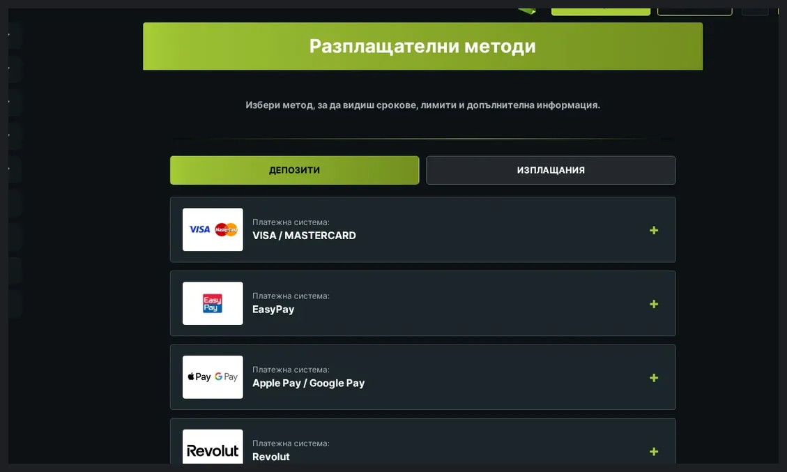 ElitBet страница за методи на депозит, Списък с опции за плащане с логотипи (VISA/Mastercard, EasyPay, Apple Pay/Google, 29.10.2026