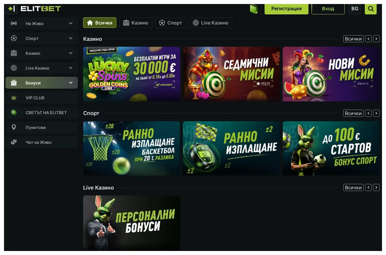 Начална страница на ElitBet с промоции, мрежа от промоционални банери с бонус оферти, 29.10.2026